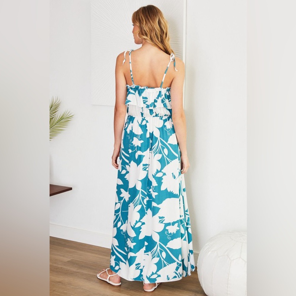 (20590-FLO-TEAL) FLORAL PRINT RUFFLE V NECK MAXI DRESS - Picture 3 of 3